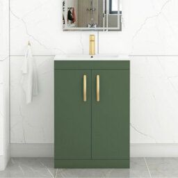 Royal Bathrooms Turin 600mm Floor Standing Vanity Sink Unit Matt Green 2 Door Minimalist Basin With Brushed Brass Handles - thumbnail 1