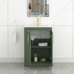Royal Bathrooms Turin 600mm Floor Standing Vanity Sink Unit Matt Green 2 Door Minimalist Basin With Brushed Brass Handles - thumbnail 5