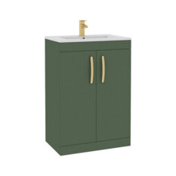 Royal Bathrooms Turin 600mm Floor Standing Vanity Sink Unit Matt Green 2 Door Minimalist Basin With Brushed Brass Handles - thumbnail 6