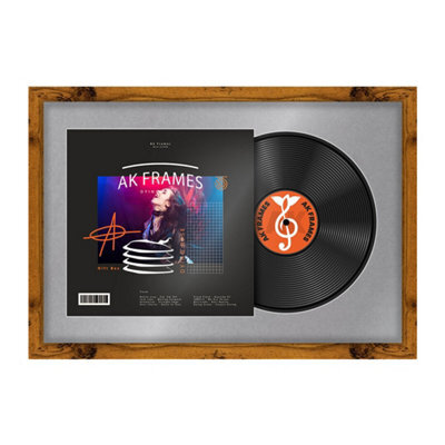 "AK Frames 25X17"" Rustic Oak Modern Vinyl Record Frame With Mid Grey Mount For 12 Inch Lp Cover & Disc - Overlapped Design" - image 1