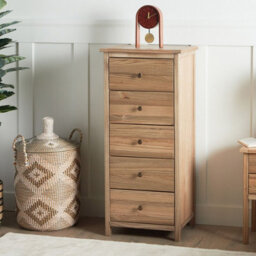 Wyld And Coco Hearth Timber Rustic Sassafras Five Drawer Chest, Light Brown, Tall Storage Sideboard For Bedroom And Living Room - thumbnail 2