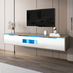 Abrihome High Gloss Tv Cabinet In White & Wood, With Colour Changing Led Lights - thumbnail 1