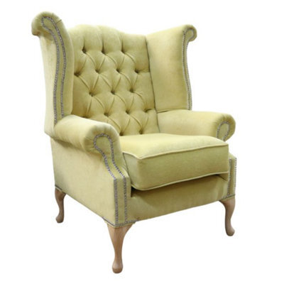 Chesterfield High Back Wing Chair Pimlico Lemon Real Fabric In Queen Anne Style - image 1