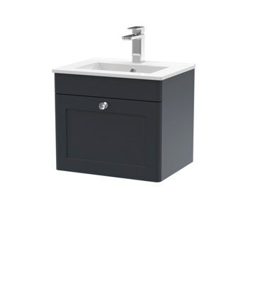 Nuie Classique Wall Hung 1 Drawer Unit & Minimalist Ceramic Basin, Stylish Sink Vanity Unit In Soft Black - image 1