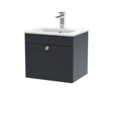 Nuie Classique Wall Hung 1 Drawer Unit & Minimalist Ceramic Basin, Stylish Sink Vanity Unit In Soft Black - thumbnail 1