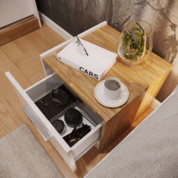 Arte Dentro Bedside Cabinet  (H)350mm (W)400mm (D)400mm Left Side - White Matt & Oak Sterling - thumbnail 2