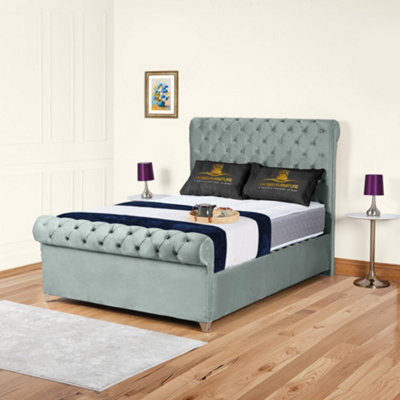 UKBEDFURNITURE Chesterfield Sleigh Grey Plush Velvet Upholstered Bed Frame Only - Slatted Base - 48 Inch Headboard - image 1
