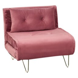 Wyld And Coco Pink Velvet 1-Seater Sofa Bed With Fold-Out Sleeper, Gold Legs, Compact Armless Design - thumbnail 4