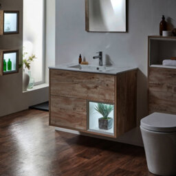 Homestylestore 812mm Light Oak Wall Hung Bathroom Vanity Unit Led Lit Open Shelf Marble Effect Basin - thumbnail 3