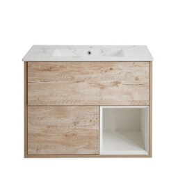 Homestylestore 812mm Light Oak Wall Hung Bathroom Vanity Unit Led Lit Open Shelf Marble Effect Basin - thumbnail 1