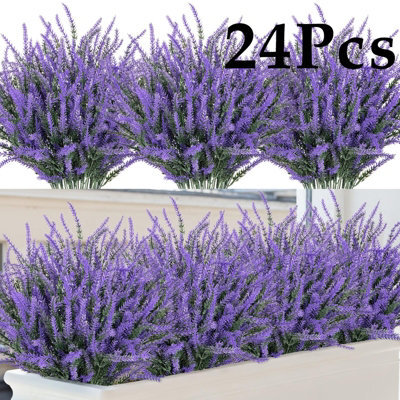 Amorly 24Pcs Purple Artificial Lavender Flowers Outdoor Uv Resistant Fake Flowers No Fade Faux Plastic Plants Window Box Decorating - image 1