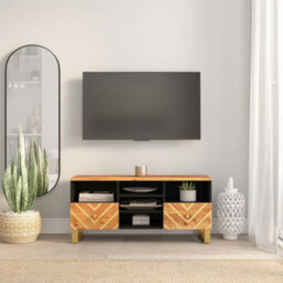 Berkfield Durable Tv Cabinet Brown And Black 100X33.5X46 Cm Solid Wood Mango - thumbnail 2