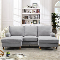 Woodbury 218Cm Wide U-Shaped Grey Velvet Fabric Corner Sofa Walnut Colour Legs With Brass Coloured Wheel