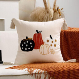 Amorly Mixed Style Pumpkin Collage Cushion Cover 45X45Cm, Cream Tassel Eclectic Farmhouse Pillow Case Only No Insert For Fall Home Decor - thumbnail 2