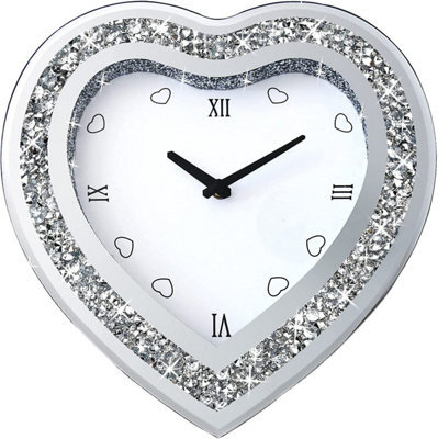 Biznest Heart-Shaped Crystal Mirrored Wall Mounted Clock Silver Crushed Diamond Glass Roman Numeral Display Home Office Decor 30Cm - image 1