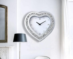Biznest Heart-Shaped Crystal Mirrored Wall Mounted Clock Silver Crushed Diamond Glass Roman Numeral Display Home Office Decor 30Cm - thumbnail 2