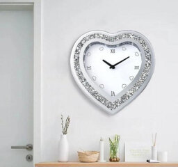 Biznest Heart-Shaped Crystal Mirrored Wall Mounted Clock Silver Crushed Diamond Glass Roman Numeral Display Home Office Decor 30Cm - thumbnail 4