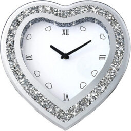 Biznest Heart-Shaped Crystal Mirrored Wall Mounted Clock Silver Crushed Diamond Glass Roman Numeral Display Home Office Decor 30Cm