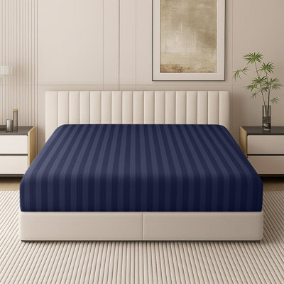 Oxford Homeware Navy Satin Stripe Fitted Sheet 40Cm Extra Deep Pocket Soft Easy Care Bedding Sheet (W)152Cmx(L)200Cm (King) - image 1