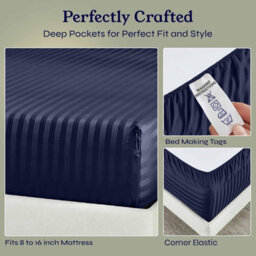 Oxford Homeware Navy Satin Stripe Fitted Sheet 40Cm Extra Deep Pocket Soft Easy Care Bedding Sheet (W)152Cmx(L)200Cm (King) - thumbnail 4