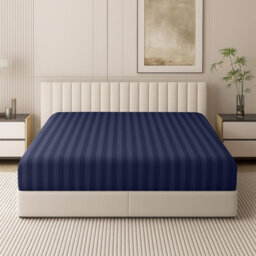 Oxford Homeware Navy Satin Stripe Fitted Sheet 40Cm Extra Deep Pocket Soft Easy Care Bedding Sheet (W)152Cmx(L)200Cm (King) - thumbnail 1