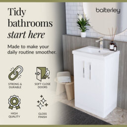 Balterley Modern Bathroom 2 Soft-Close Door Floor Standing Vanity Unit With Mid-Edge Basin, Gloss White, 500 mm - thumbnail 7