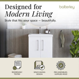 Balterley Modern Bathroom 2 Soft-Close Door Floor Standing Vanity Unit With Mid-Edge Basin, Gloss White, 500 mm - thumbnail 2