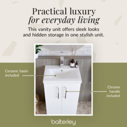 Balterley Modern Bathroom 2 Soft-Close Door Floor Standing Vanity Unit With Mid-Edge Basin, Gloss White, 500 mm - thumbnail 3