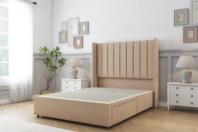 "Sloomy Falcon Pebble Plush Divan Bed Base 2 Drawers Foot-End With 54"" Wingback Headboard 6' Super King" - image 1