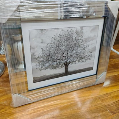 Biznest Modern Liquid Glitter Wall Art With Mirrored Edges Extra Large Size 55X55Cm (Blossom Tree Silver)