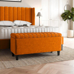 137Cm Lined Upholstered Ottoman Storage Box - Burnt Orange Plush Velvet Blanket Storage Box With Wooden Legs - thumbnail 1