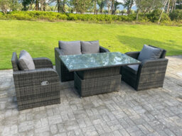 Fimous Rattan Outdoor Garden Furniture Lifting Adjustable Dining Or Coffee Table Sets Love Sofa Recling Chairs 4 Seater