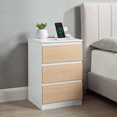 Home Treats White & Pine Bedside Table 3 Drawer Nightstand Table With 2 Uk Plugs Usb A And Usb C Chest Of Drawers 2M Cable - image 1