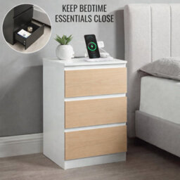 Home Treats White & Pine Bedside Table 3 Drawer Nightstand Table With 2 Uk Plugs Usb A And Usb C Chest Of Drawers 2M Cable - thumbnail 4