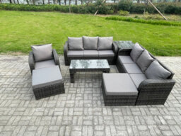 Fimous Outdoor Lounge Sofa Set 9 Seater Rattan Garden Furniture Set With Rectangular Coffee Table 2 Big Footstool 3 Seater Sofa - thumbnail 1