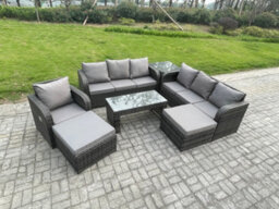 Fimous Outdoor Lounge Sofa Set 9 Seater Rattan Garden Furniture Set With Rectangular Coffee Table 2 Big Footstool 3 Seater Sofa - thumbnail 2