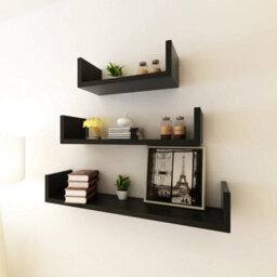 Berkfield 3 Black Mdf U-Shaped Floating Wall Display Shelves Book/dvd Storage - thumbnail 1