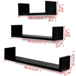 Berkfield 3 Black Mdf U-Shaped Floating Wall Display Shelves Book/dvd Storage - thumbnail 5