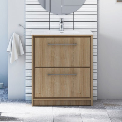 Royal Bathrooms Livora 700mm Natural Oak Floor Standing Bathroom Vanity Unit 2 Drawer Storage Cabinet With Ceramic Basin - image 1