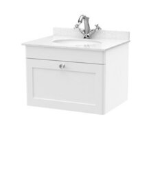 Balterley Swynnerton Traditional 1 Drawer Wall Hung Vanity Unit With Marble Basin, Satin White, 600mm - thumbnail 1