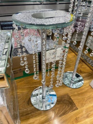 Deenz Round Top End Table Crush Diamond Silver Mirrored Side Table Modern Glass Stand Sparkle Crystal Home Decor (80X25 Cm)