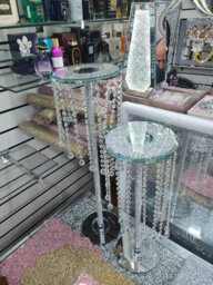 Deenz Round Top End Table Crush Diamond Silver Mirrored Side Table Modern Glass Stand Sparkle Crystal Home Decor (80X25 Cm) - thumbnail 2