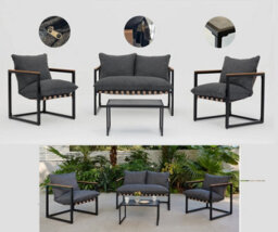 Impact Furniture Garden Sofa Set Lounge Outdoor 2 Seater Sofa With Chairs Coffee Table Grey Cushions Black Metal Furniture Porto - thumbnail 3