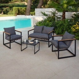 Impact Furniture Garden Sofa Set Lounge Outdoor 2 Seater Sofa With Chairs Coffee Table Grey Cushions Black Metal Furniture Porto - thumbnail 1