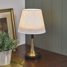 Amelia Table Lamp - Usb Or Mains Powered Led Light With Brass Colour Stem, Black Base & White Linen Effect Shade - H40 X 20Cm