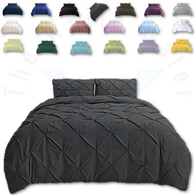 TheWhiteWater Limited Pintuck Duvet Cover Set + Matching Pillowcases, Hand Stitches Quilt Bedding Set - Charcoal - image 1