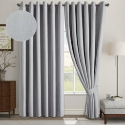 Aspire Homeware Silver Linen 100% Blackout Curtain Thermal Insulated Eyelet Curtain Pair (W)168Cm X (D)183Cm With Tie Back