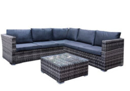Sh&g Edgerton 5 Seater Corner Sofa Set - 2 Piece Table & Sofa - Brown Rattan With Grey Cushions - Indoor & Outdoor