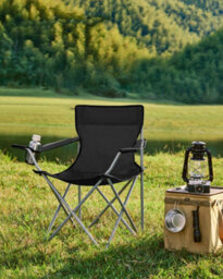 LEDREM Folding Camping Chairs, Set Of 2 Outdoor Chair, With Armrests, Cup Holder, Portable, 120 Kg Capacity, Black