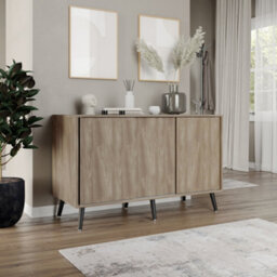 Urbn-Living Urbnliving 3-Door Sliding Cabinet Sideboard Oak Carcass With Oak Doors Storage Organiser Home Cupboard Black Wooden Legs - thumbnail 3